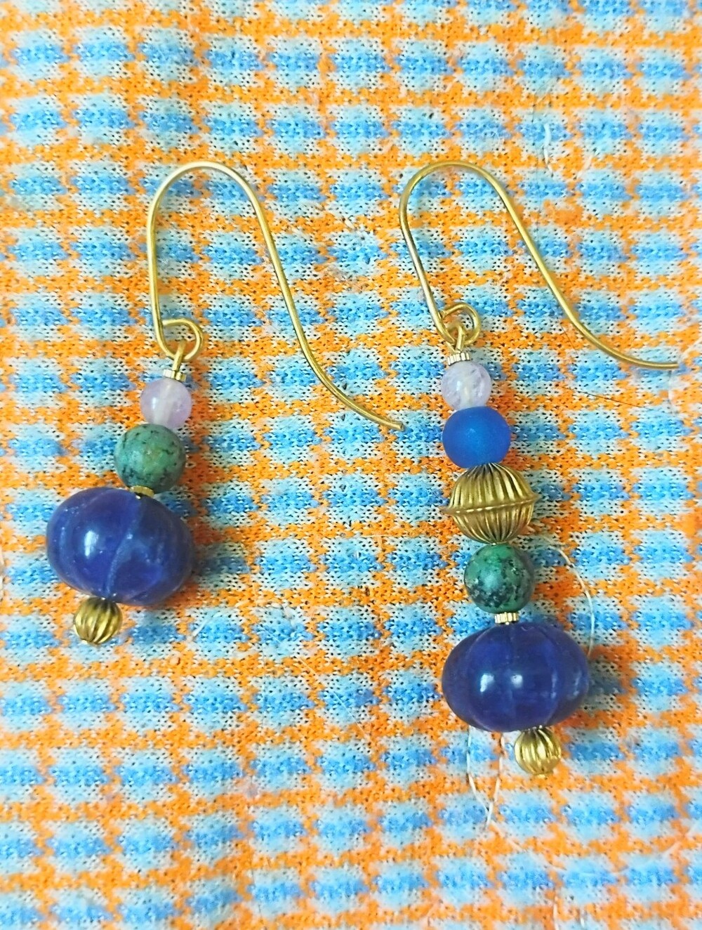 Asymmetrical Sapphire, African Turquoise, and Amethyst Handmade Earrings